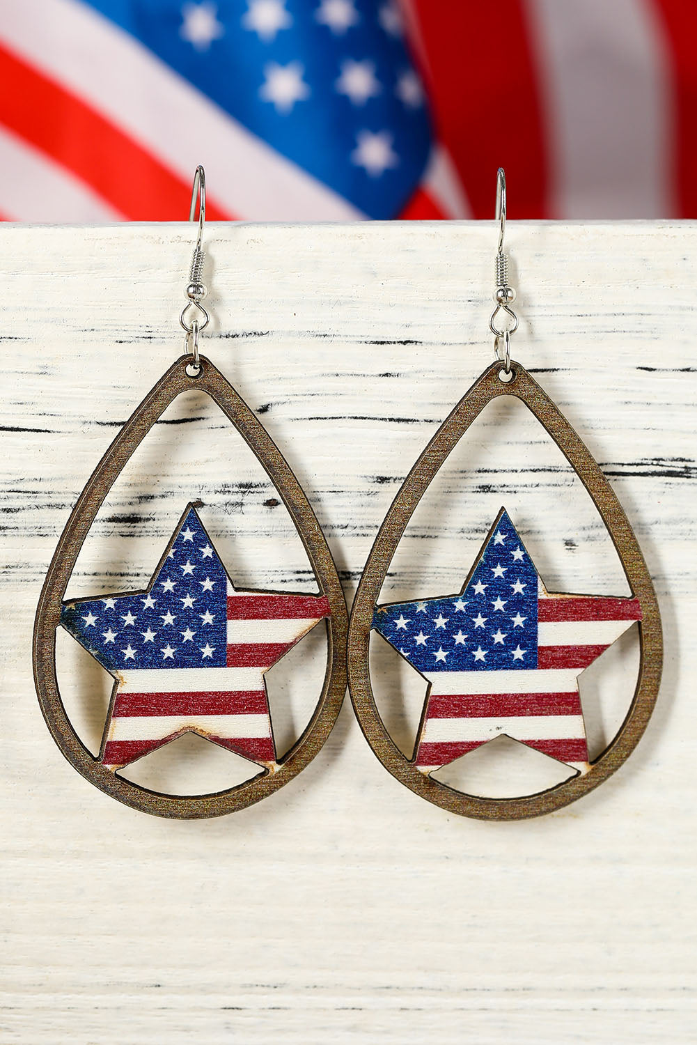 Fiery Red American Flag Heart Shape Hollowed Wood Drop Earrings