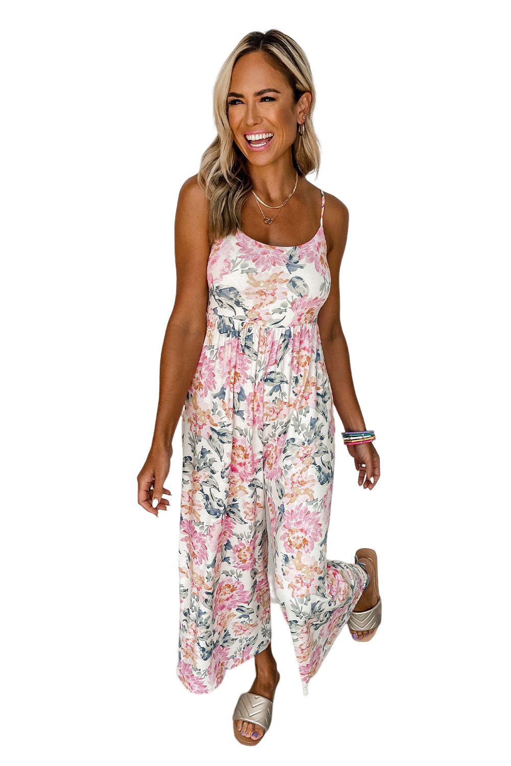 Orange Floral Spaghetti Straps Wide Leg Jumpsuit