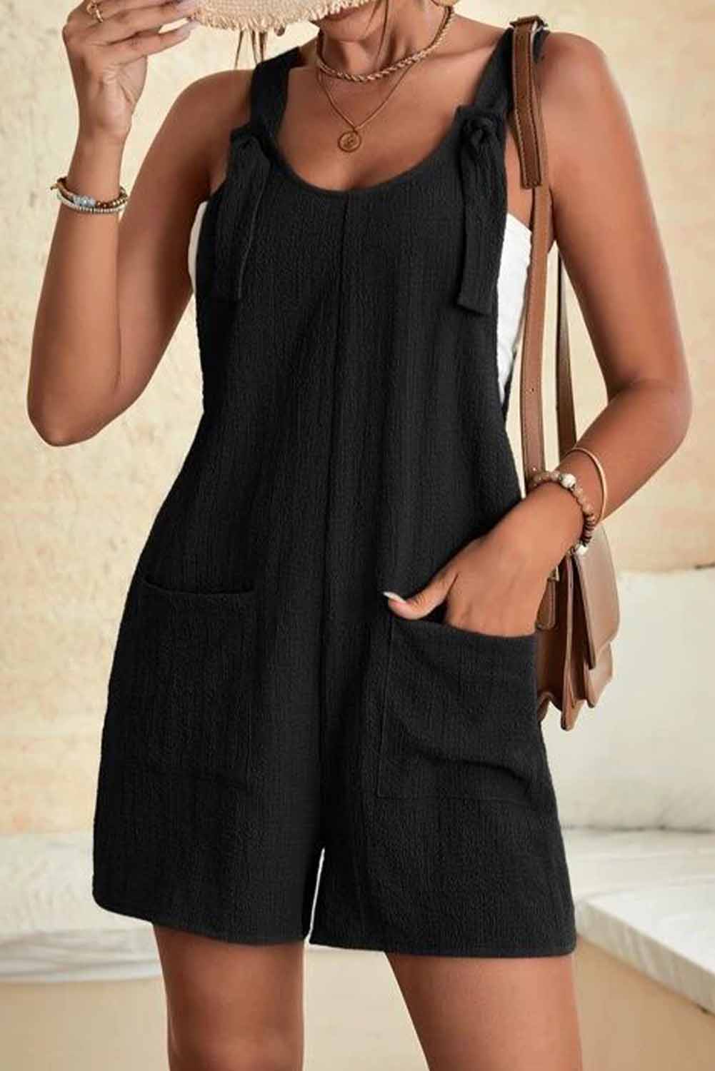 Rose Adjustable Straps Pocketed Textured Romper