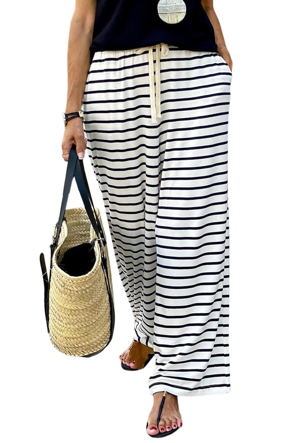 White Drawstring Striped Wide Leg Pants