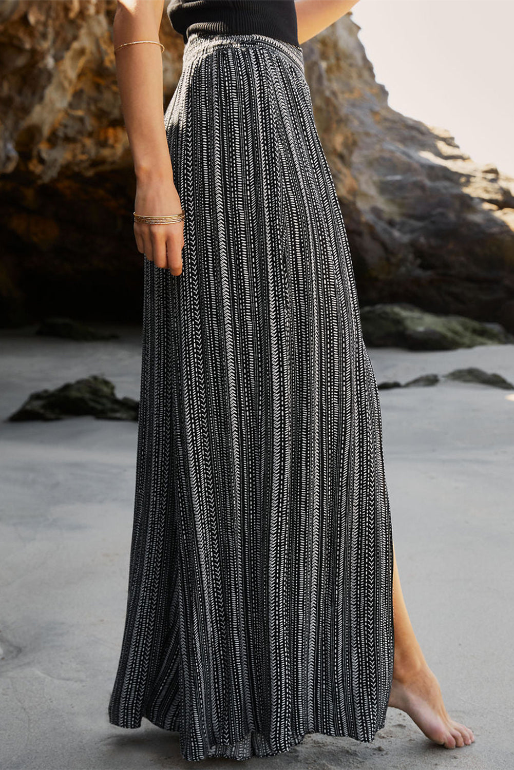 White Striped Printed Slit Wide Leg High Waist Pants