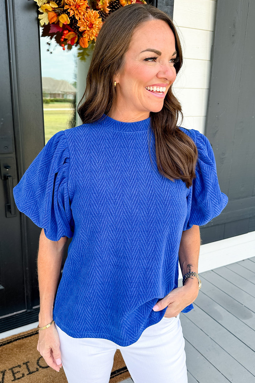 Sky Blue Solid Textured Puff Sleeve Mock Neck Blouse