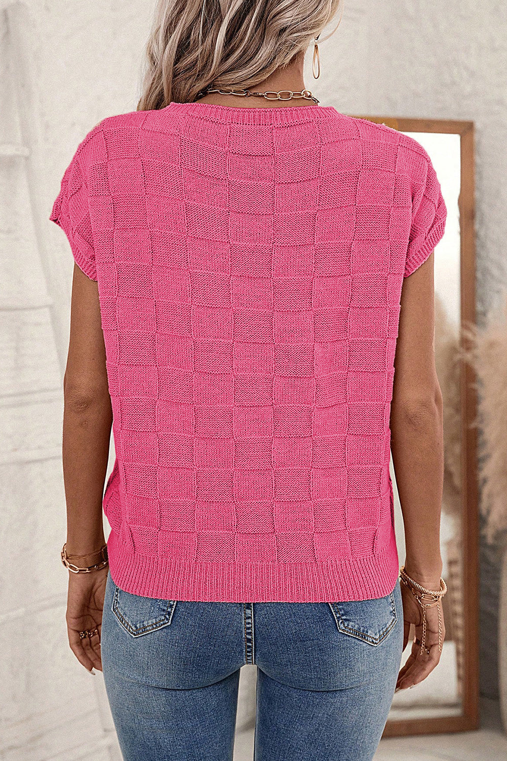 Dusty Pink Lattice Textured Knit Short Sleeve Sweater