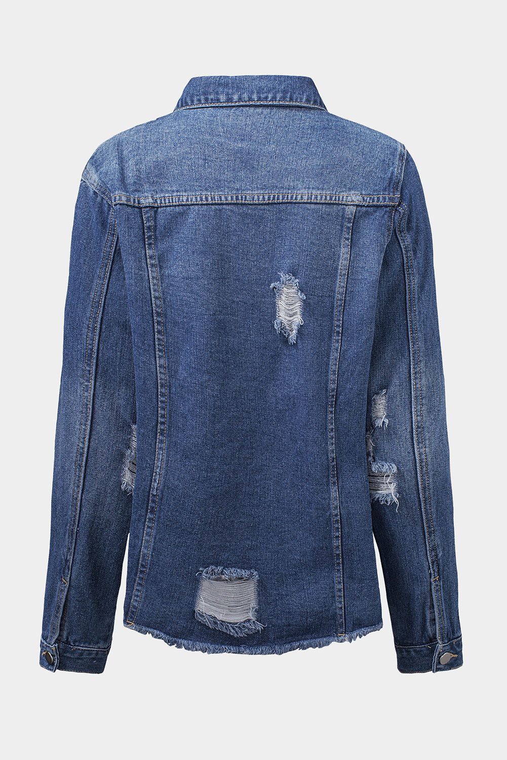 Sky Blue Lapel Distressed Raw Hem Buttons Denim Jacket