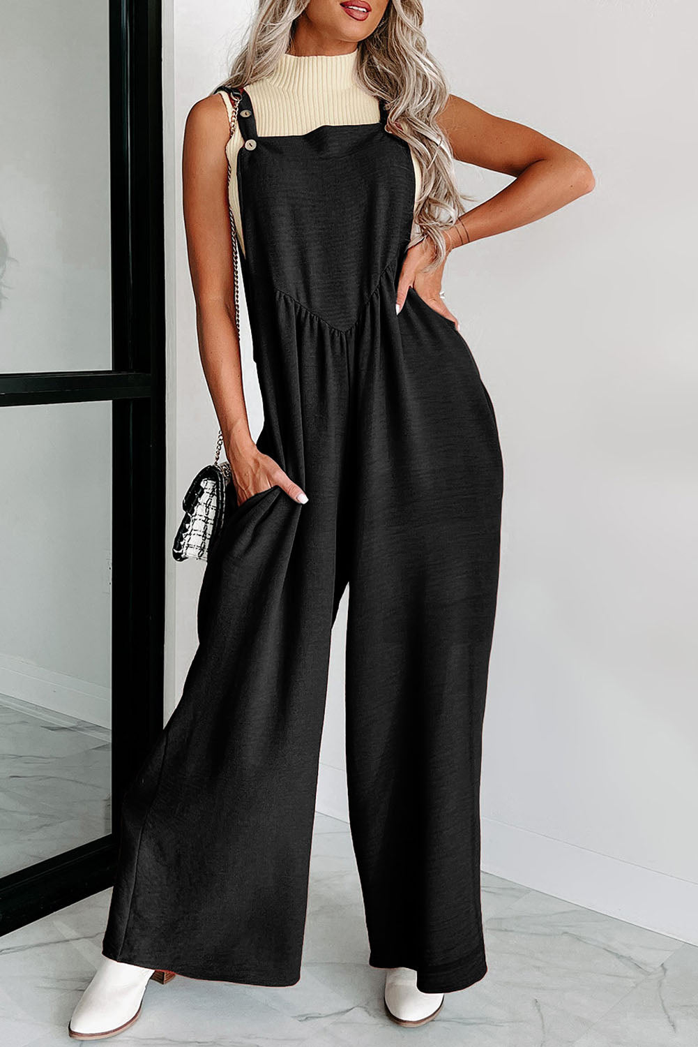 Gold Flame Textured Buttoned Straps Ruched Wide Leg Jumpsuit