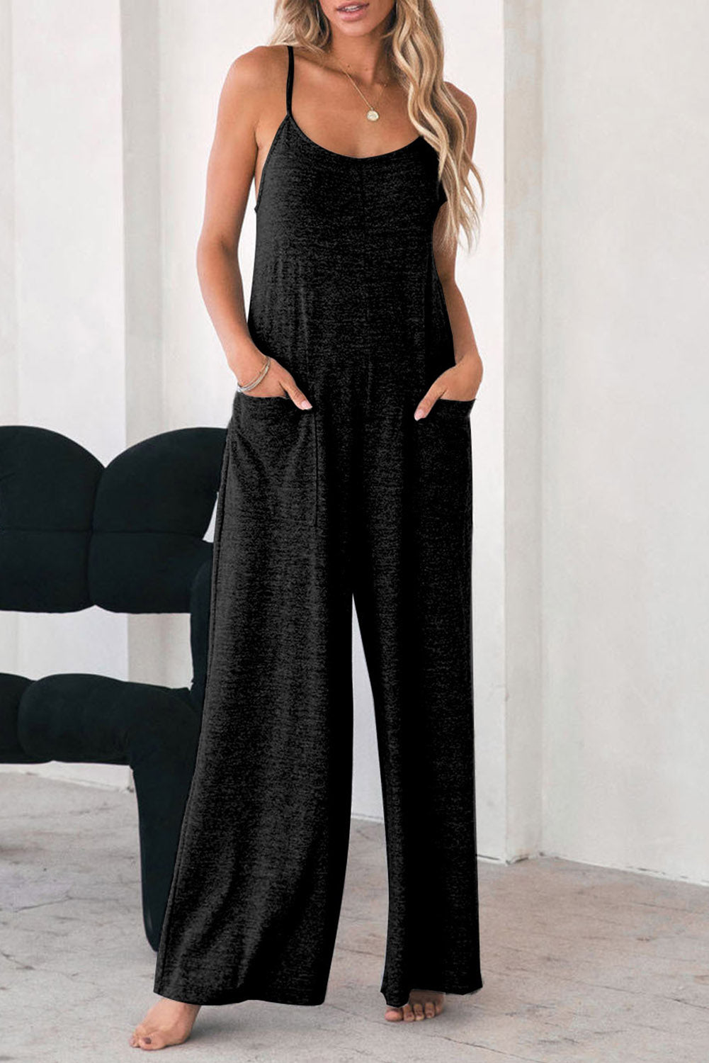 Gray Patch Pockets Spaghetti Strap Wide Leg Jumpsuit