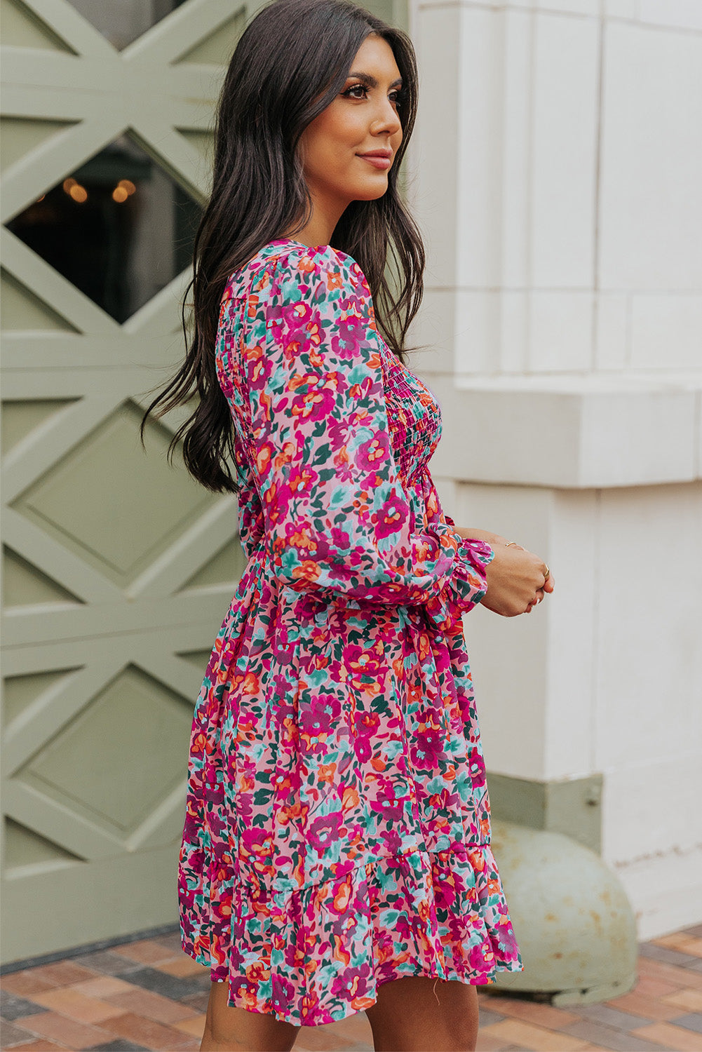 Purple Smocked V Neck Puffy Sleeve Floral Dress