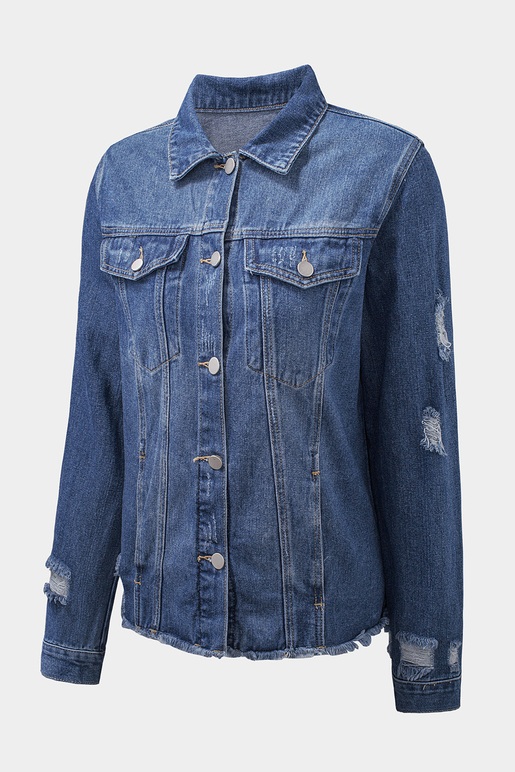 Sky Blue Lapel Distressed Raw Hem Buttons Denim Jacket