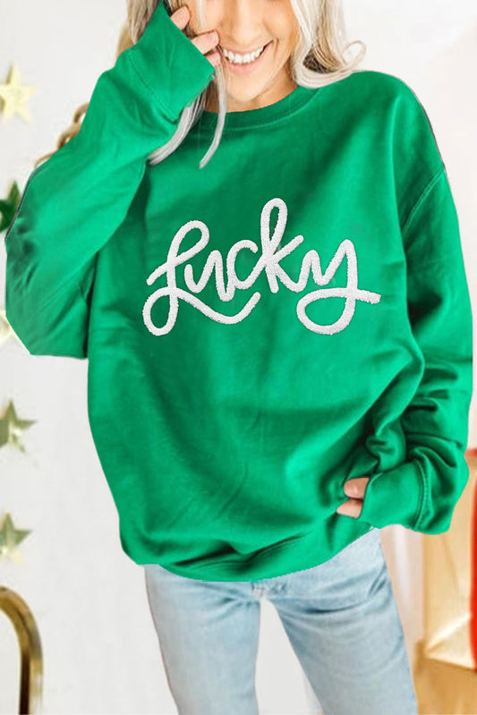 Green LUCKY Aphabet Chenille Embroidered Pullover Sweatshirt