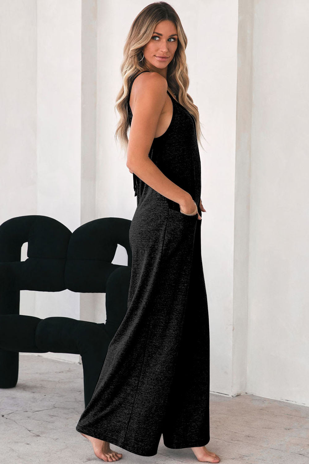 Gray Patch Pockets Spaghetti Strap Wide Leg Jumpsuit