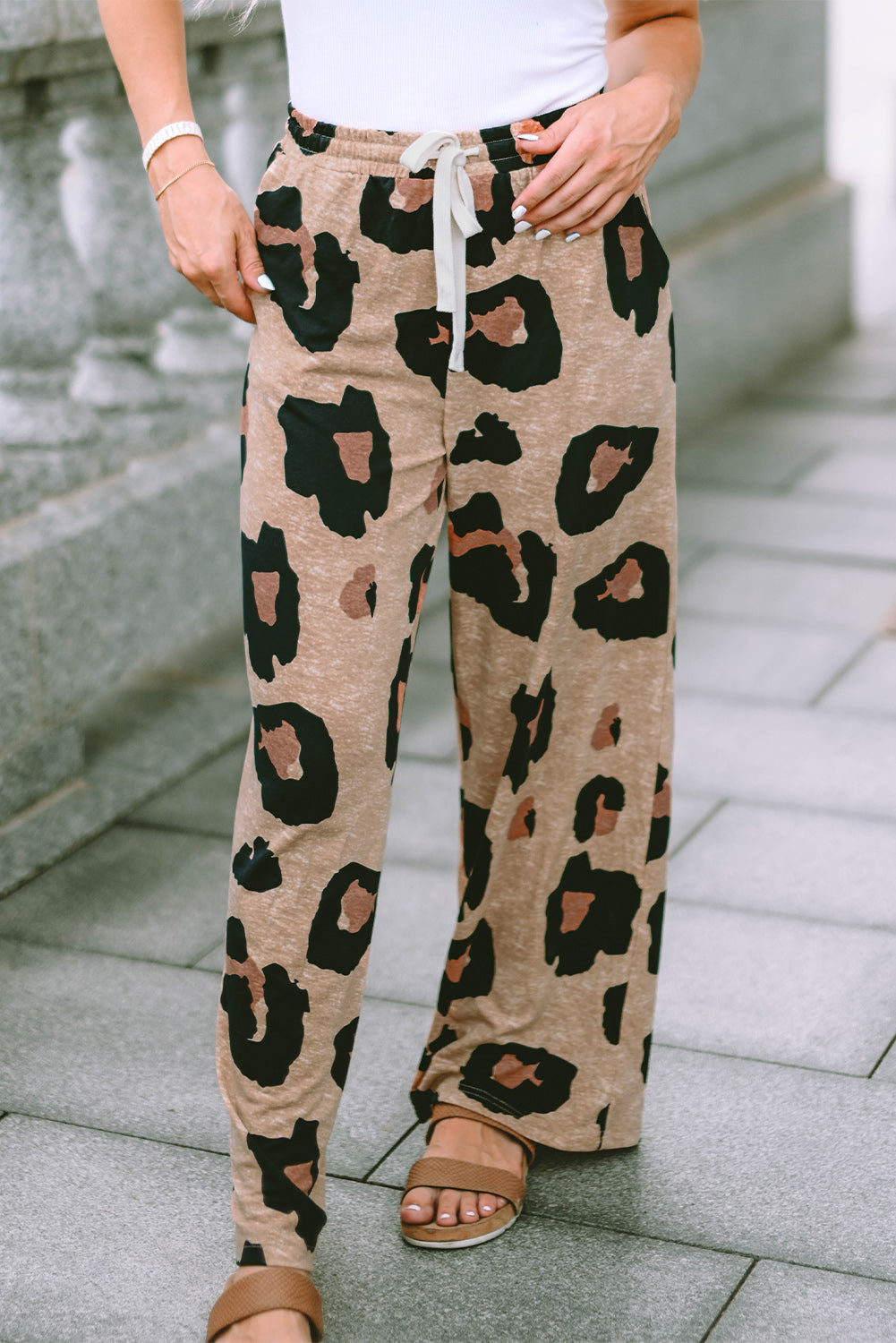 Leopard Drawstring Wide Leg Casual Pants