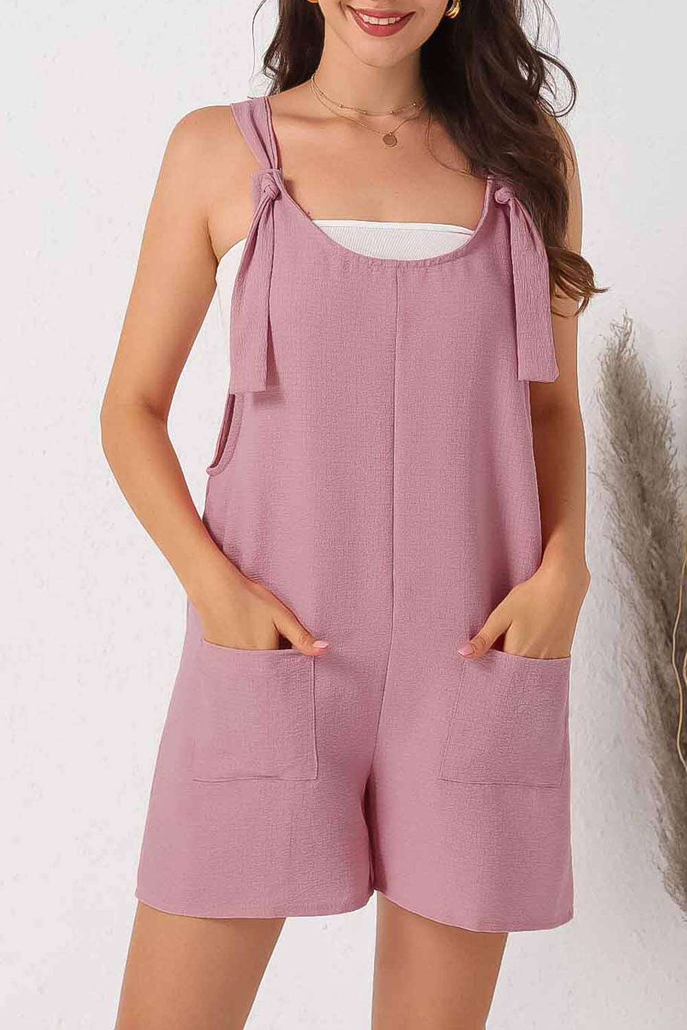 Rose Adjustable Straps Pocketed Textured Romper