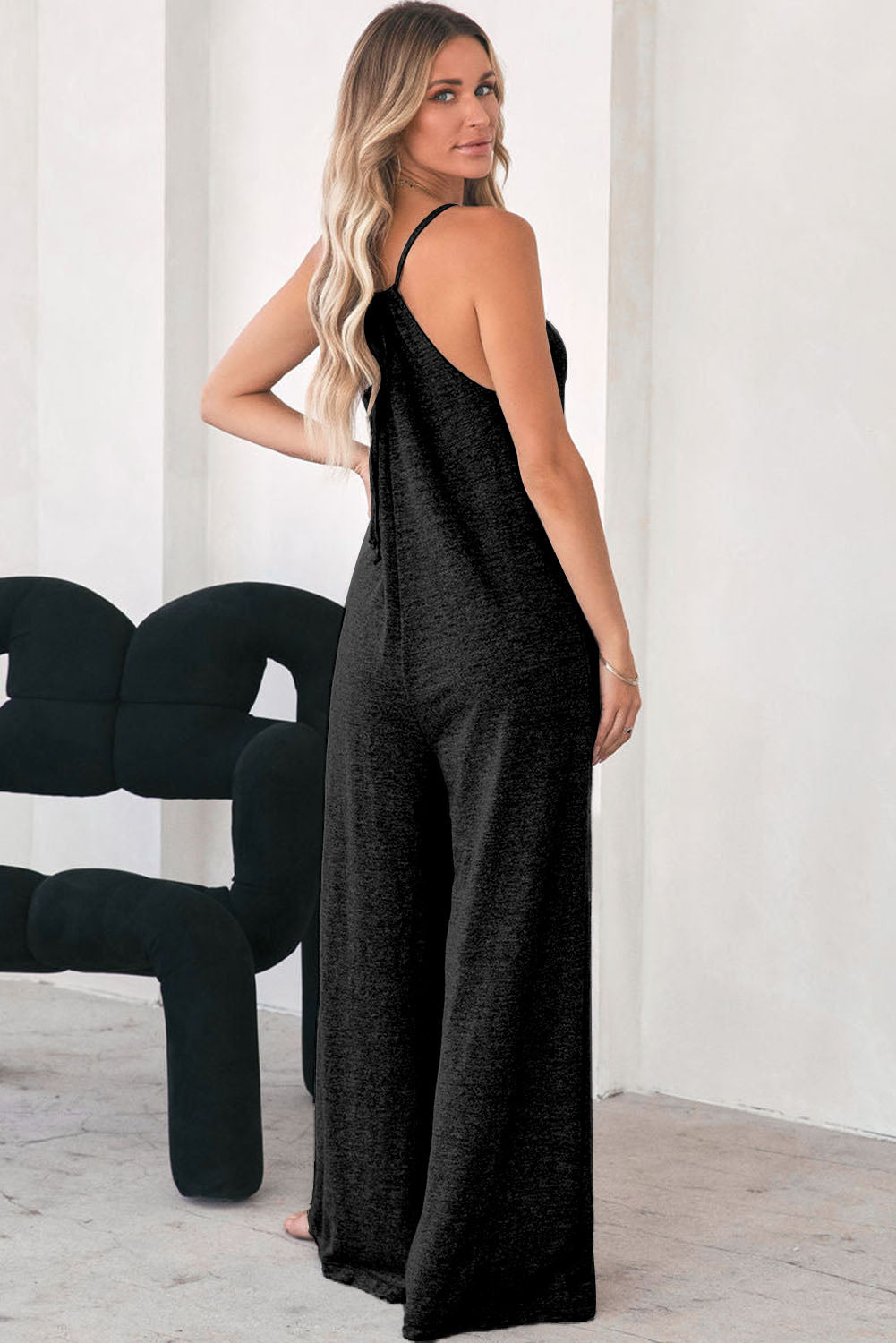 Gray Patch Pockets Spaghetti Strap Wide Leg Jumpsuit