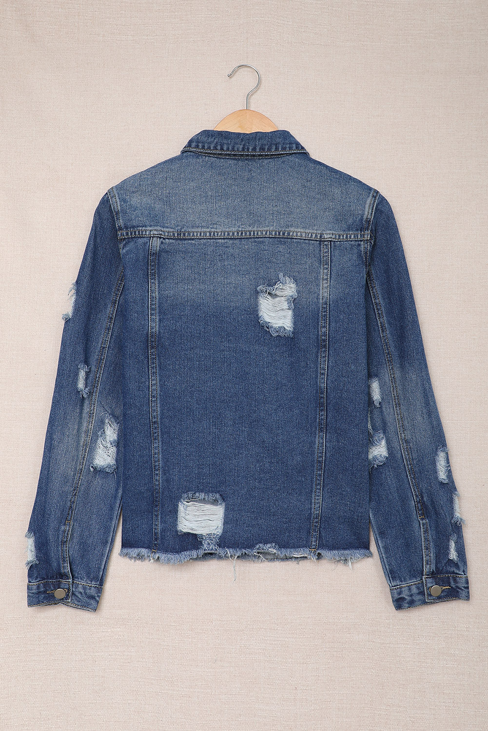 Sky Blue Lapel Distressed Raw Hem Buttons Denim Jacket