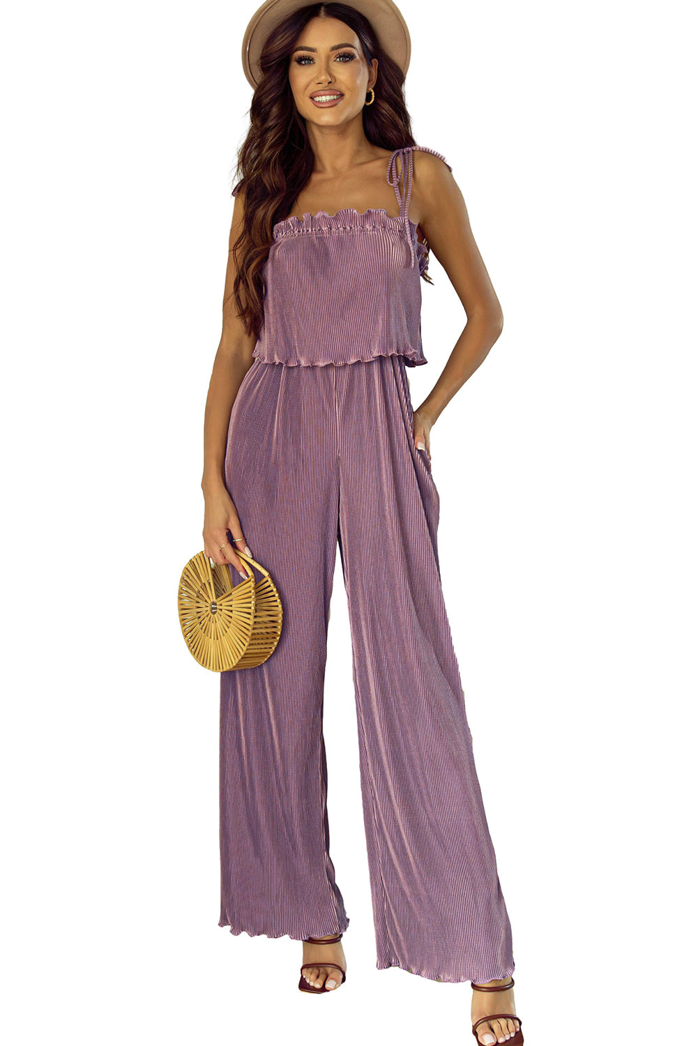 Rose Tan Solid Self Tied Straps Pleated Wide Leg Jumpsuit