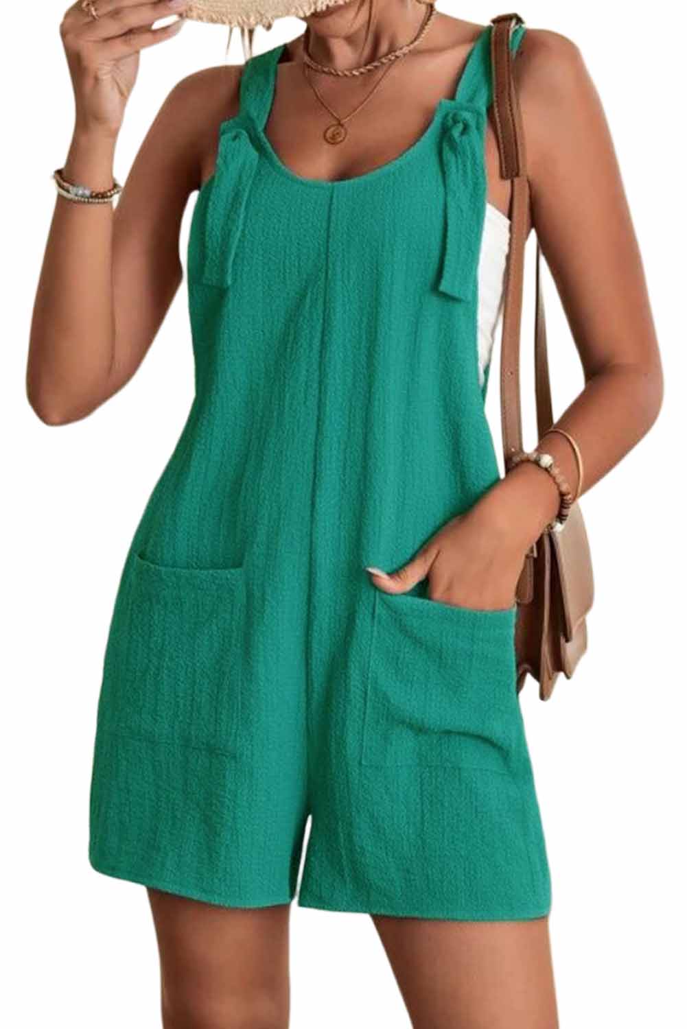 Rose Adjustable Straps Pocketed Textured Romper