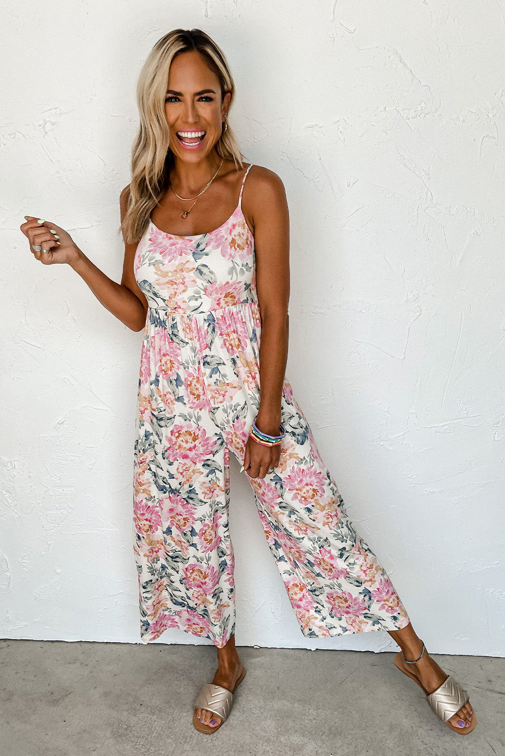 Orange Floral Spaghetti Straps Wide Leg Jumpsuit