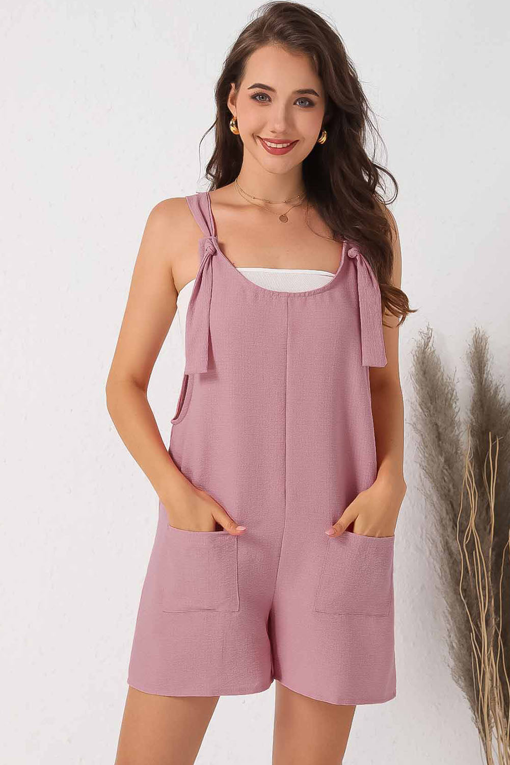 Rose Adjustable Straps Pocketed Textured Romper