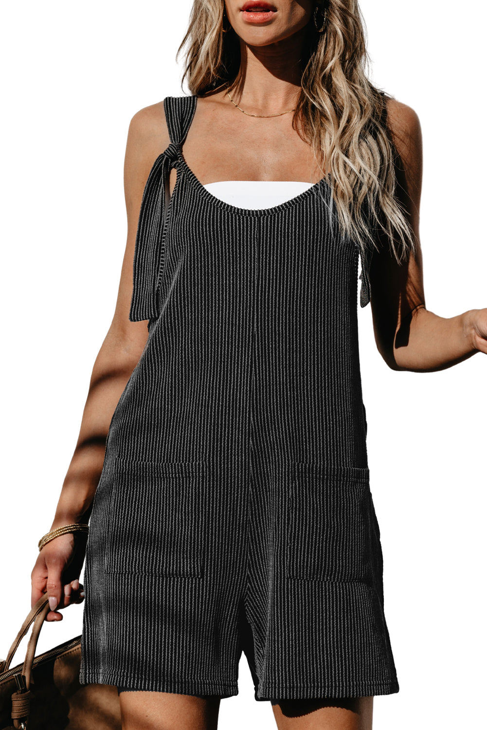 Dark Grey Striped Print Knotted Straps Pocketed Romper