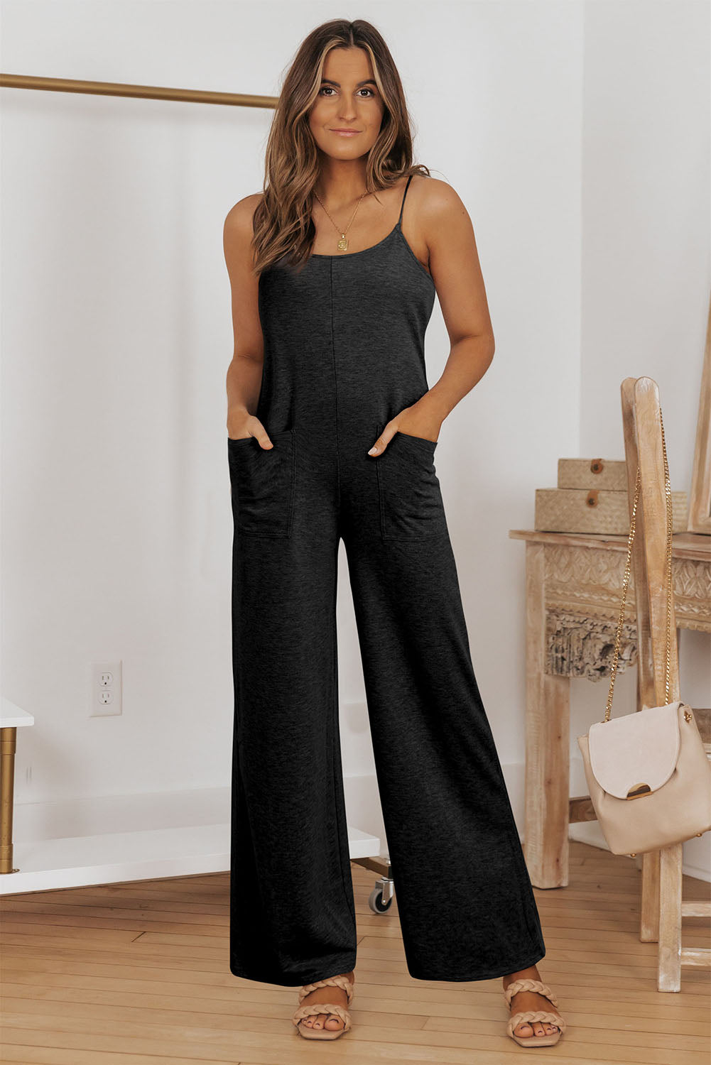 Gray Patch Pockets Spaghetti Strap Wide Leg Jumpsuit