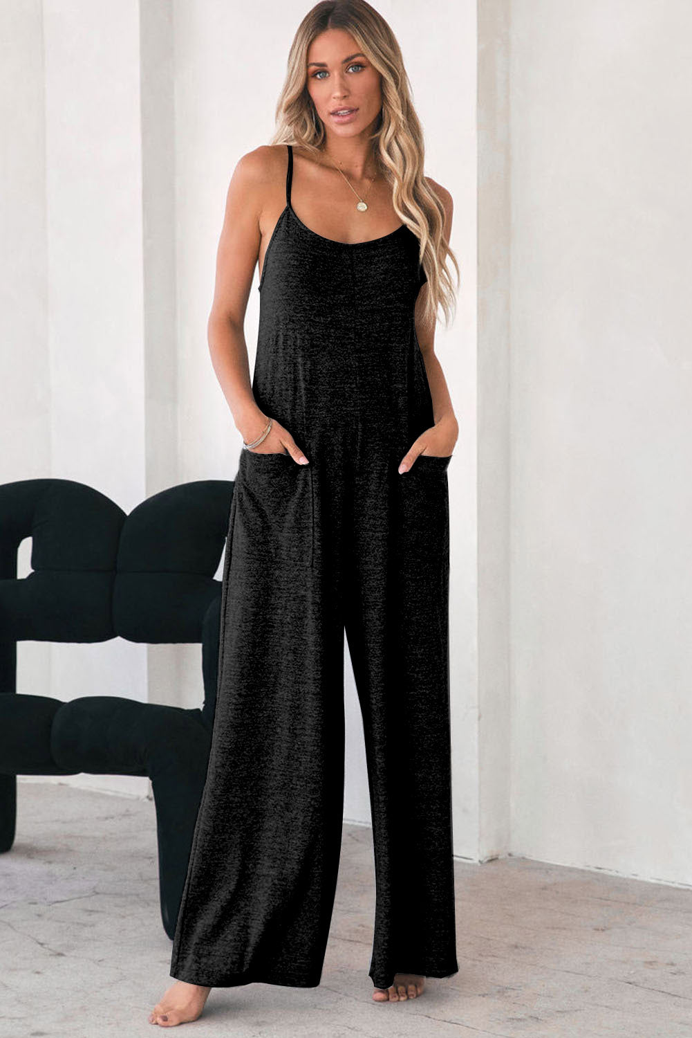 Gray Patch Pockets Spaghetti Strap Wide Leg Jumpsuit