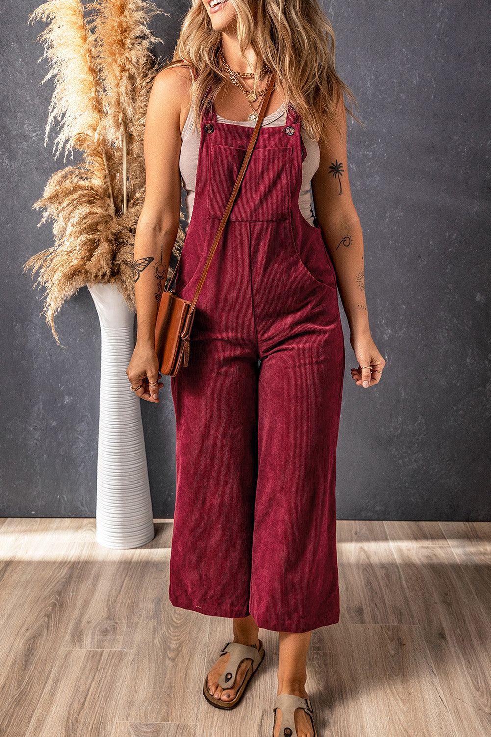 Black Solid Color Corduroy Wide Leg Bib Overalls