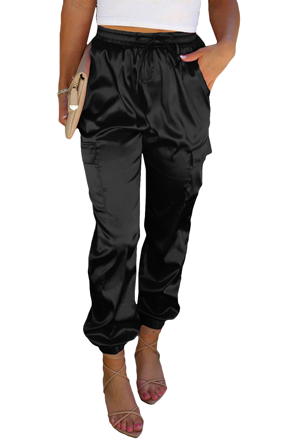 Black Satin Pocketed Drawstring Elastic Waist Pants