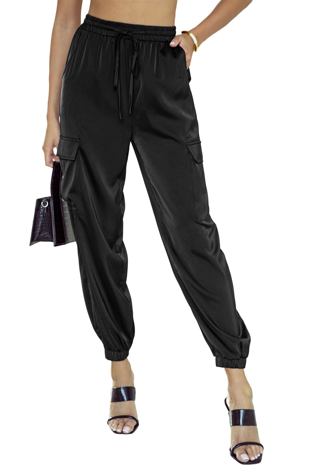 Black Satin Pocketed Drawstring Elastic Waist Pants