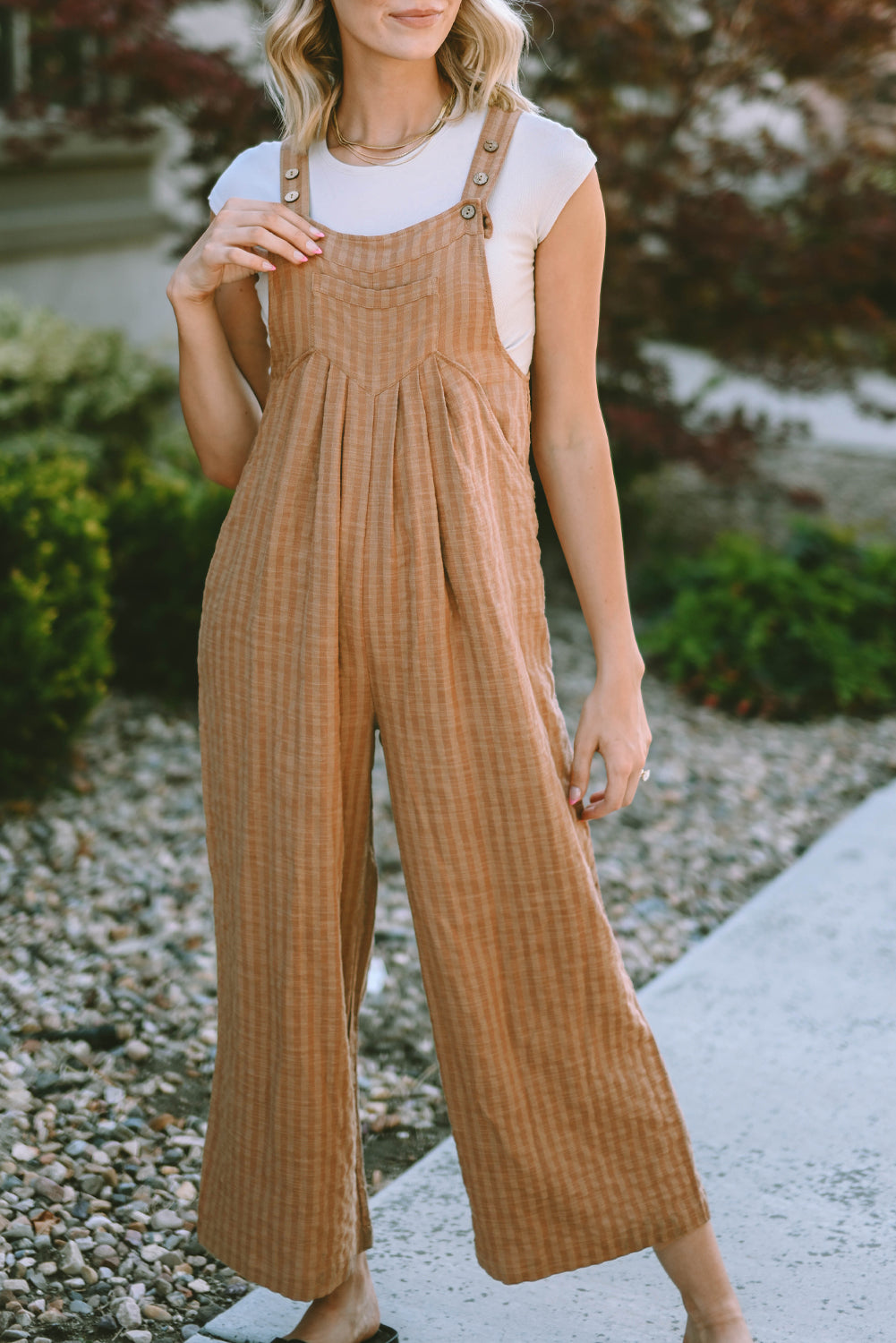 Brown Striped Pleated Wide Leg Pocketed Jumpsuit