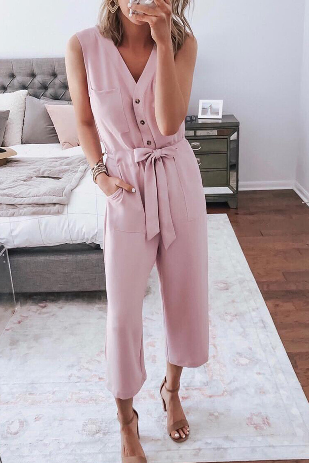 Black Buttoned Sleeveless Cropped Jumpsuit with Sash