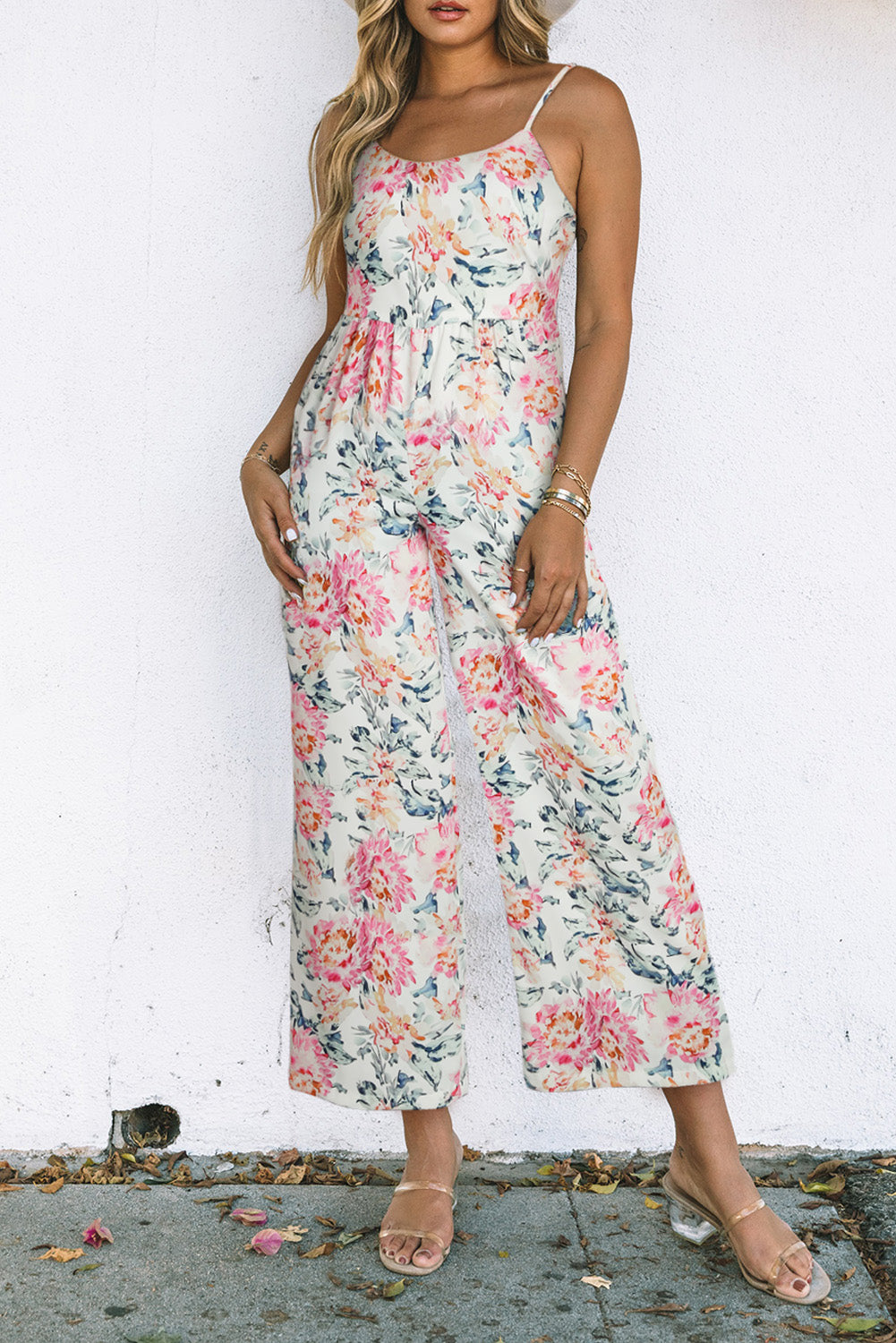 Orange Floral Spaghetti Straps Wide Leg Jumpsuit