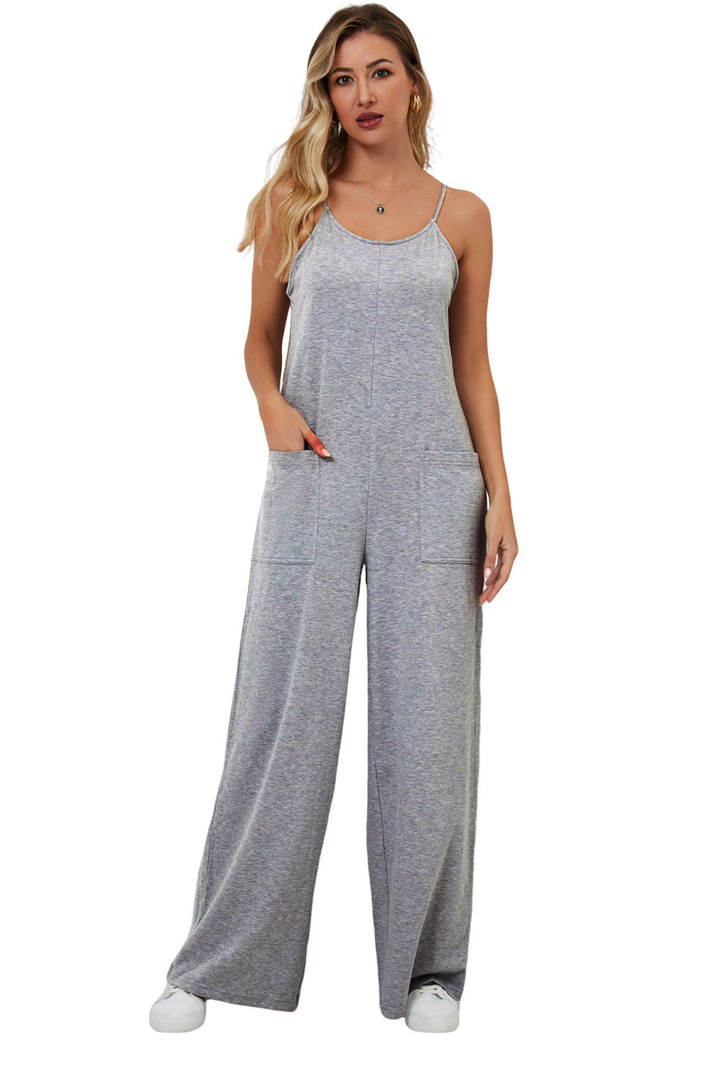 Gray Patch Pockets Spaghetti Strap Wide Leg Jumpsuit