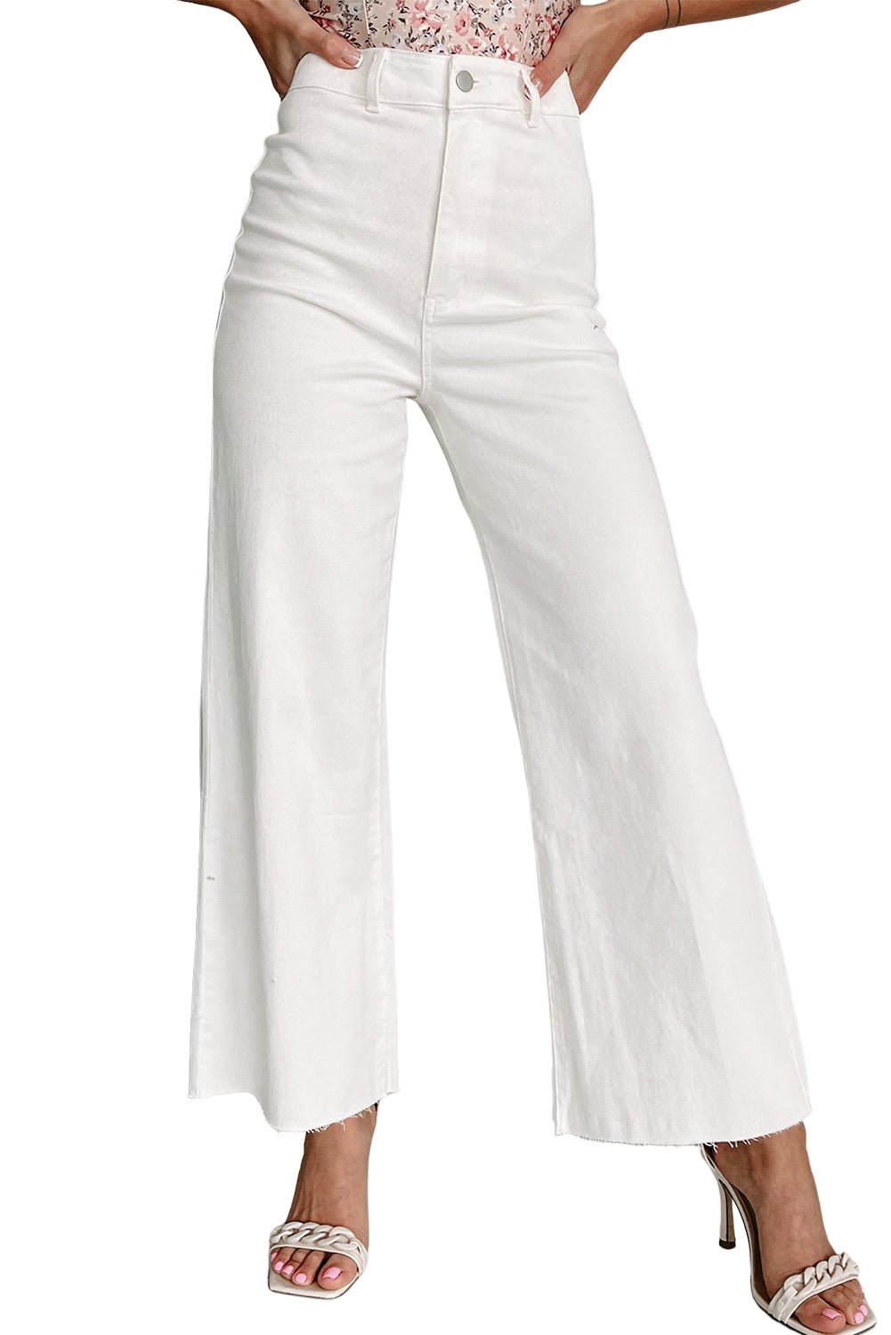 White Solid Raw Hem Wide Leg Crop Jeans