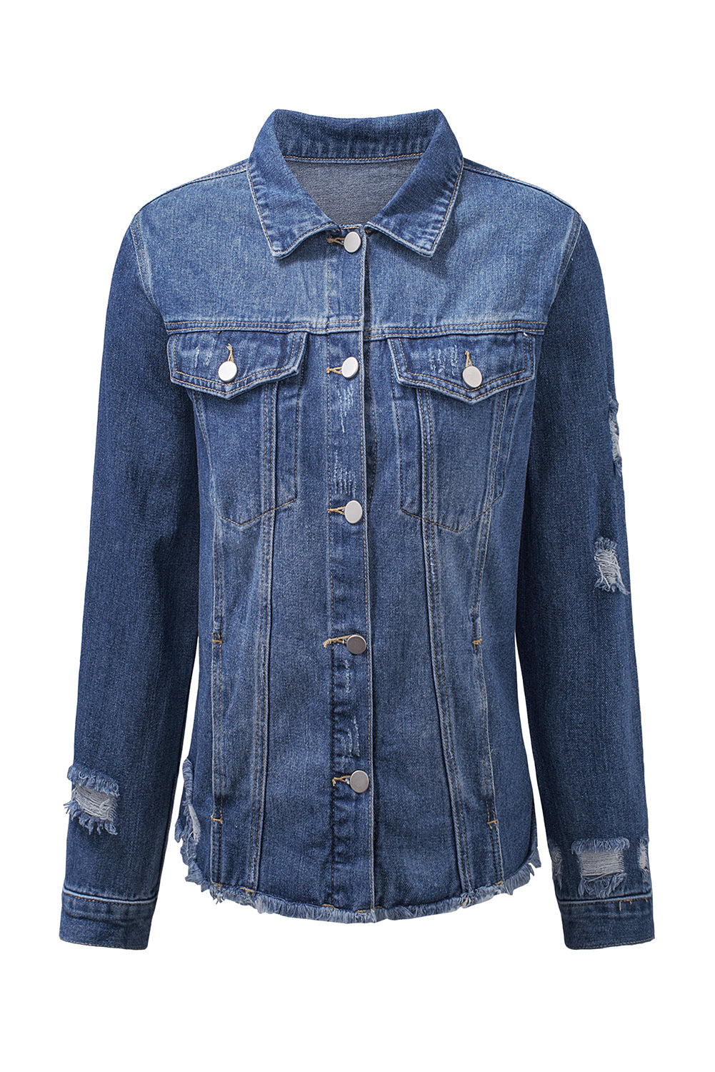 Sky Blue Lapel Distressed Raw Hem Buttons Denim Jacket