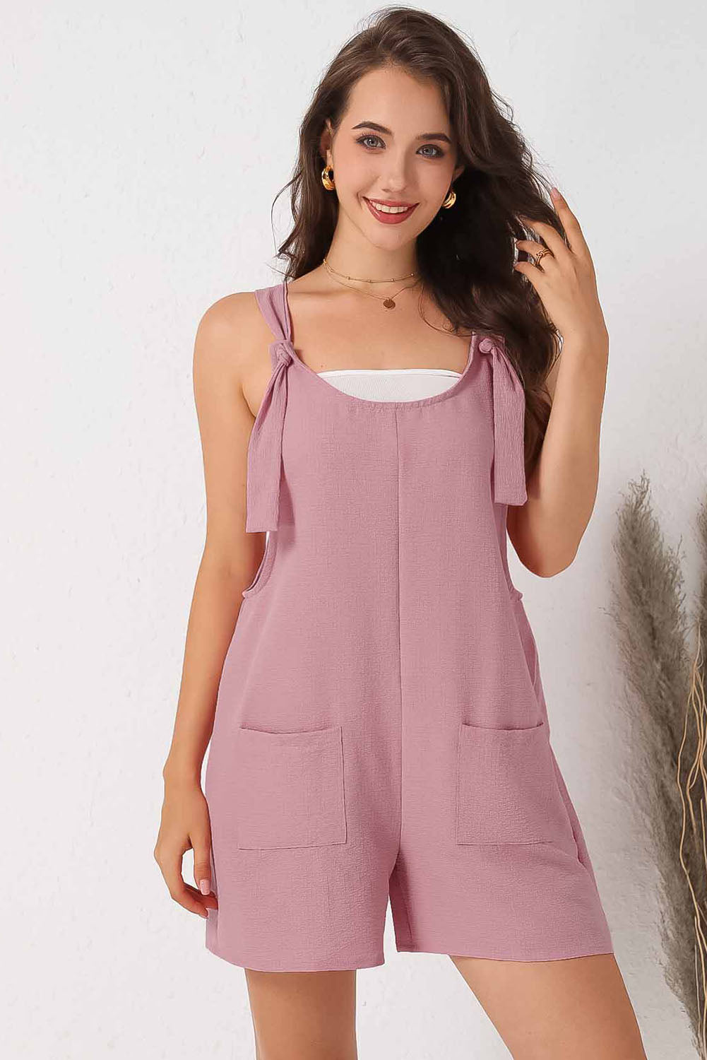 Rose Adjustable Straps Pocketed Textured Romper